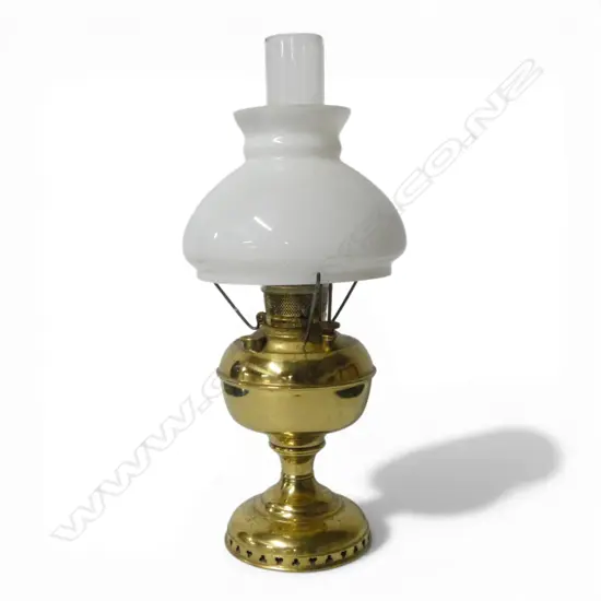 VINTAGE MILLER BRASS TABLE KERO LAMP WITH MILK GLASS SHADE H440MM