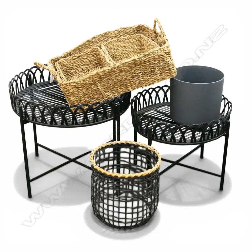 2 CANE TOP SIDE TABLES, 2 BINS & 3 BASKETS W.530mm Image 1++