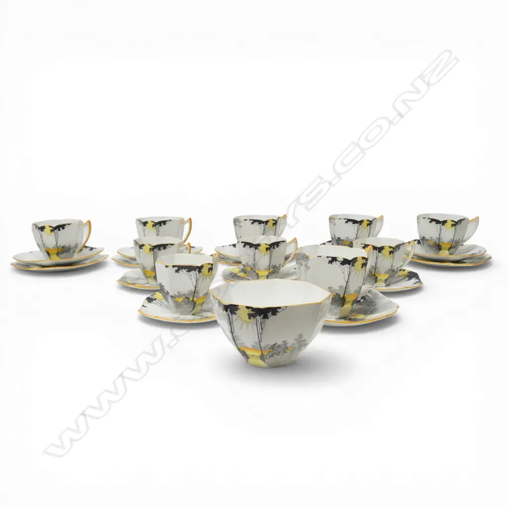 5 SHELLEY CHINA CSPS MATCHING C/S  4 COFFEE CANS & SUGAR BOWL DECO SUNSET PAT Image 1++