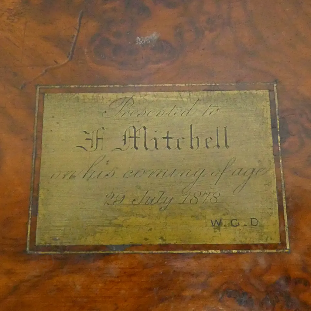 LGE VICTORIAN BURR WALNUT WRITING SLOPE brass inlay. secret drawer to side. Secret internal cover not clipping in. W.505 Image 1++