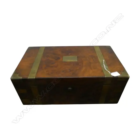 LGE VICTORIAN BURR WALNUT WRITING SLOPE brass inlay. secret drawer to side. Secret internal cover not clipping in. W.505