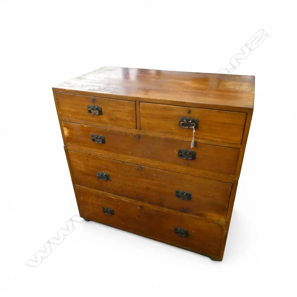 19THC CAMPAIGN STYLE CAMPHOR WOOD? 5 DRAWER SPLIT CHEST  COPPER SWING HANDLES requires attention 1065 x 605 x 1040mm Image 1++