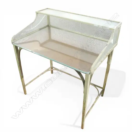 1950s FRENCH DESK; GLASS PANELS IN METAL FRAME 895x600x960mm SOME CRACKS