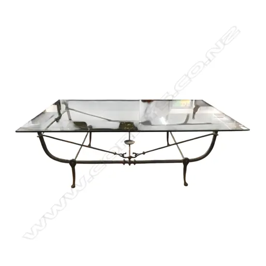 DECORATIVE ANTIQUE STYLE WROUGHT IRON FRAMED GLASS TOP COFFEE TABLE