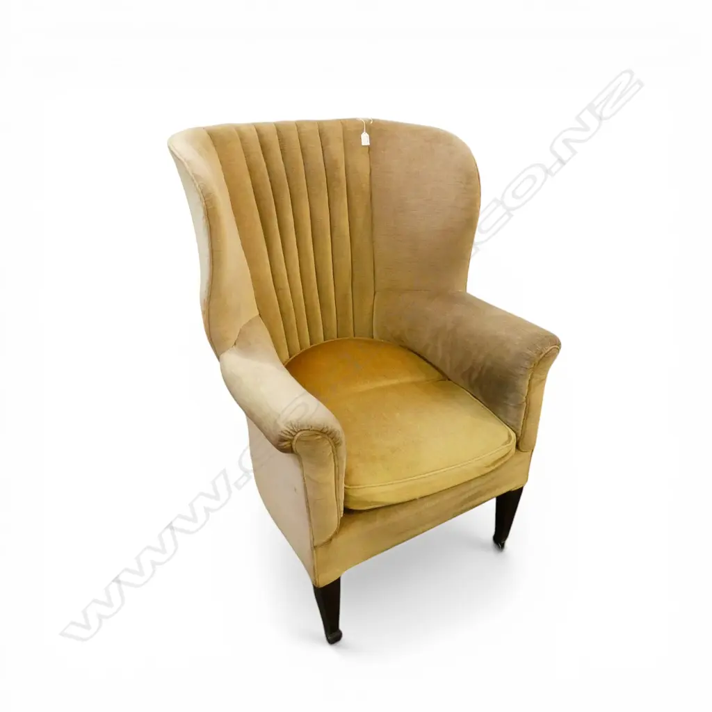 An Edwardian high lobed back and curved back parlour chair with golden velvet upholstery, Provenance: From the estate of Adrian Michael Garrett of Kerikeri. Image 1++