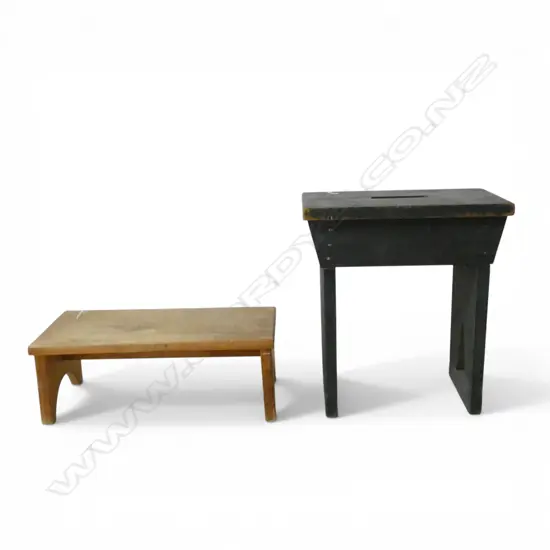 TWO PRIMITIVE-STYLE SMALL STOOLS, 1 PINE, 1 EBONISED (GREEN)