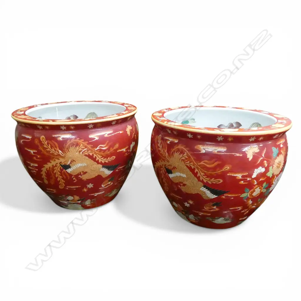 2 CHINESE JARDINIERES red glaze exterior with decorated carp interior Dia.420mm Image 1++