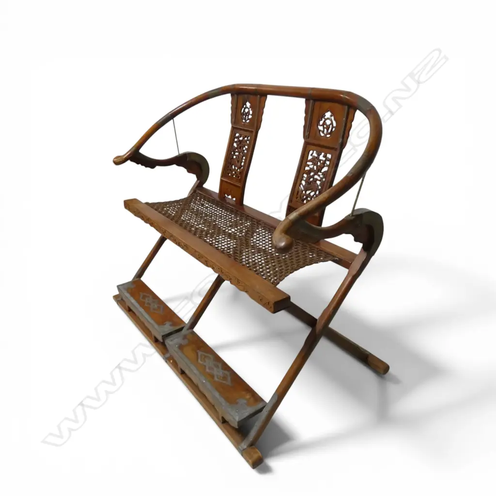 CHINESE FOLDING HORSESHOE HUNTING CHAIR two carved back slats, scrolling cloud and dragon details W.1340mm Image 1++