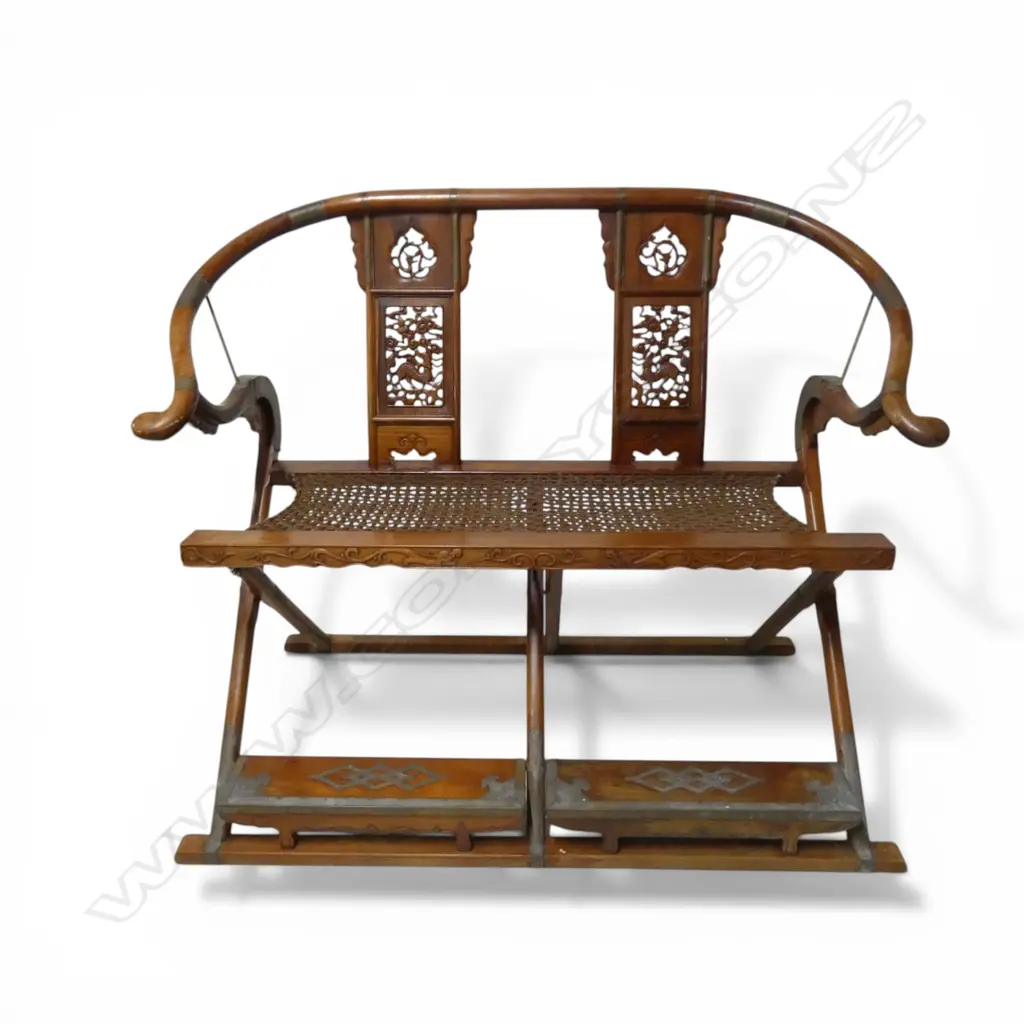CHINESE FOLDING HORSESHOE HUNTING CHAIR two carved back slats, scrolling cloud and dragon details W.1340mm Image 1++