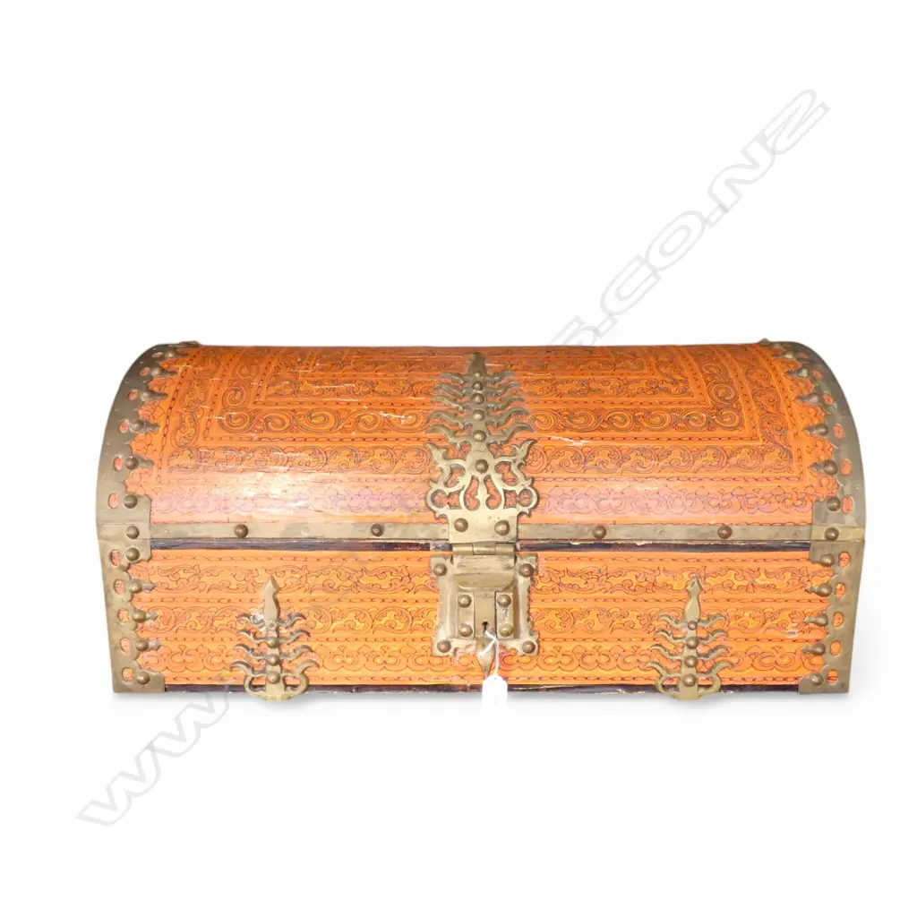 VINTAGE INDIAN 19thC STYLE KERALA MALABAR DOMED TRUNK ornate brass mounts W.750 H.350mm Image 1++
