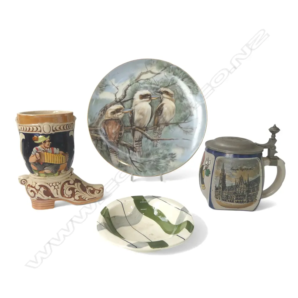 4 PCS; 2 PCS GERMAN STONEWARE, KOOKABURRA PLATE & ROYAL SWAN BOWL Image 1++