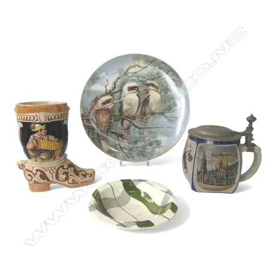 4 PCS; 2 PCS GERMAN STONEWARE, KOOKABURRA PLATE & ROYAL SWAN BOWL