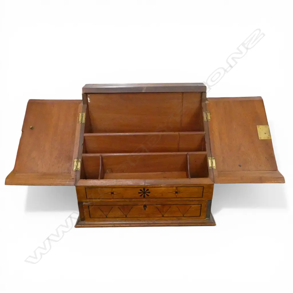 LATE 19thC CEDAR or TEAK ANGLO-ORIENTAL INLAID WRITTING COMPENDIUM H.395mm. Some moldings absent some loose Image 1++