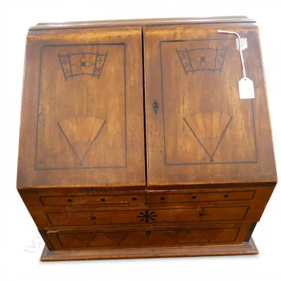 LATE 19thC CEDAR or TEAK ANGLO-ORIENTAL INLAID WRITTING COMPENDIUM H.395mm. Some moldings absent some loose