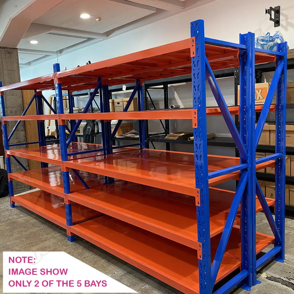 5 CONNECTED BAYS OF ORANGE/BLUE METAL SHELVING: Each bay with 8 shelves (2 part). 8 shelf supports + uprights Image 1++