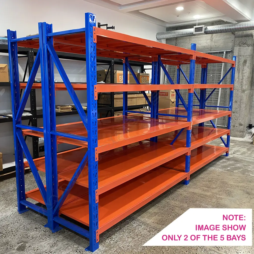 5 CONNECTED BAYS OF ORANGE/BLUE METAL SHELVING: Each bay with 8 shelves (2 part). 8 shelf supports + uprights Image 1++