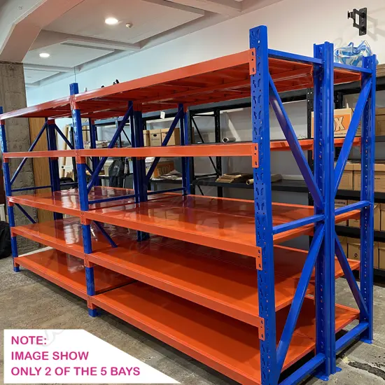 5 CONNECTED BAYS OF ORANGE/BLUE METAL SHELVING: Each bay with 8 shelves (2 part). 8 shelf supports + uprights