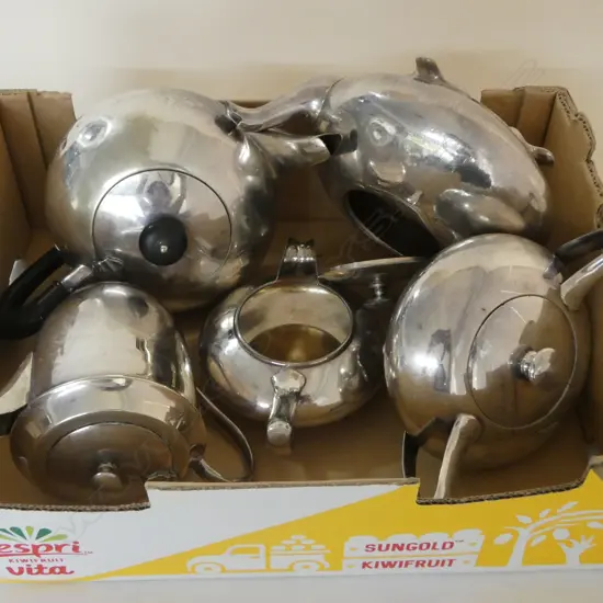 PLATED TEA SET - TEAPOT, M/S stamped 1950 & 2 OTHERS