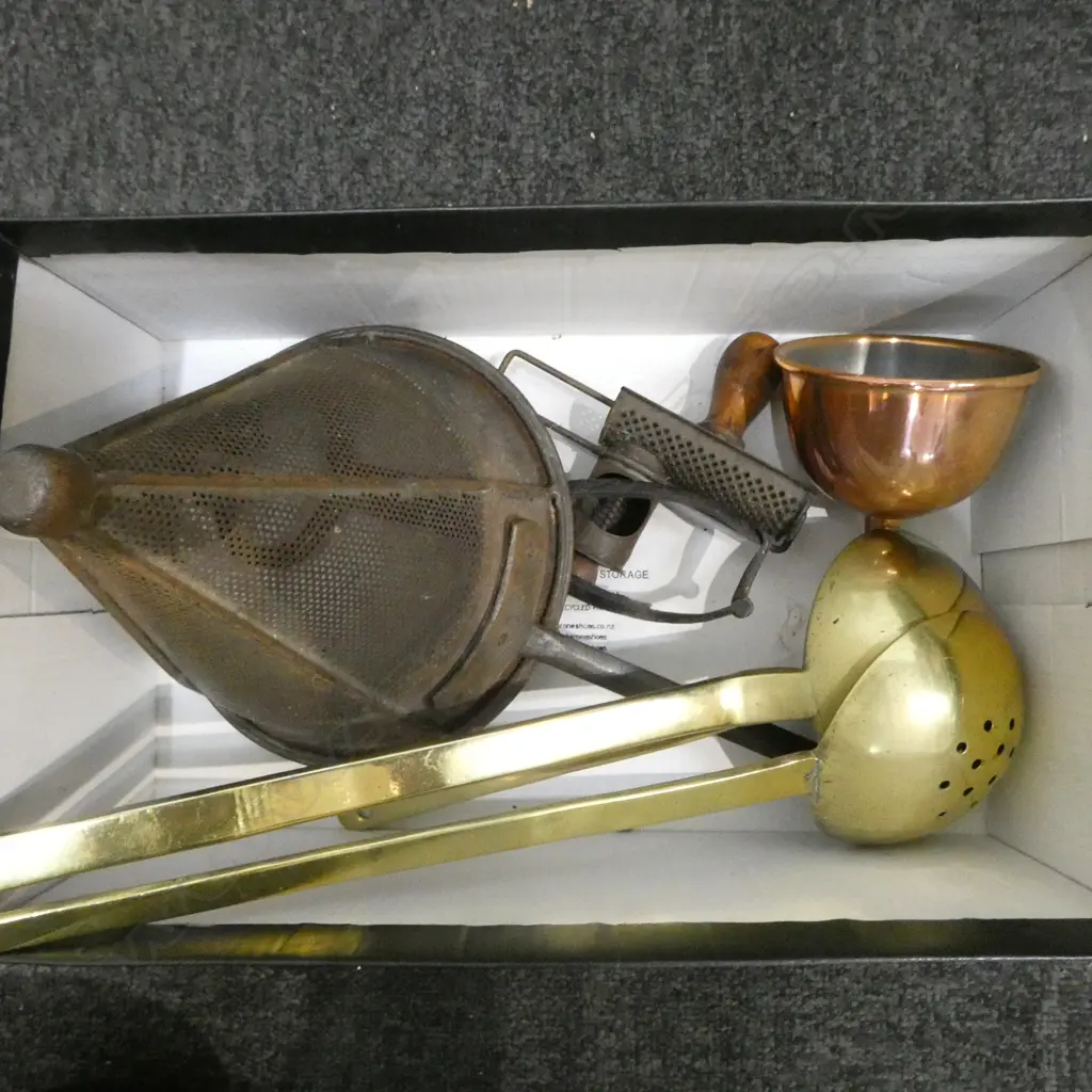 OLD KITCHEN IMPLEMENTS: grater + sieve + 3 brass ladles + copper funnel+ sugar cutters Image 1++