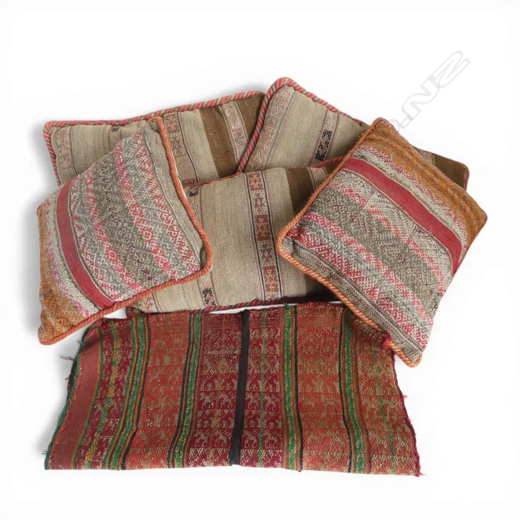 CUSHIONS (3 + 2) MADE FROM BOLIVIAN TEXTILES PLUS VINTAGE BOLIVIAN TEXTILE FABRIC  Image 1++