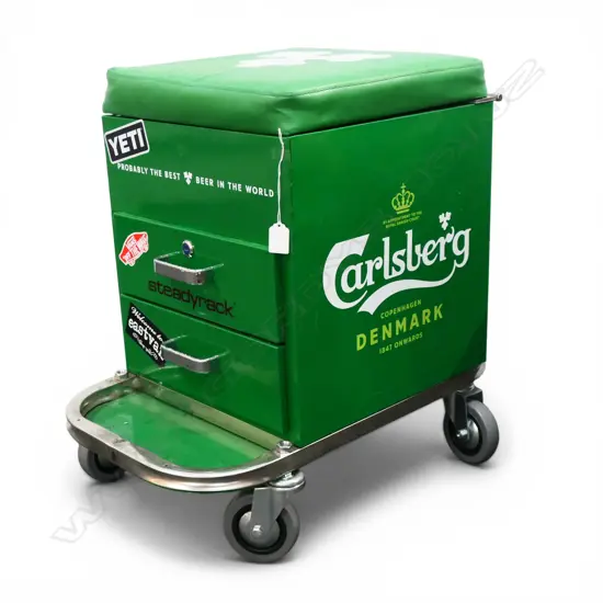 CARLSBERG BEER CABINET/STOOL ON CASTOR 385x630x600mm