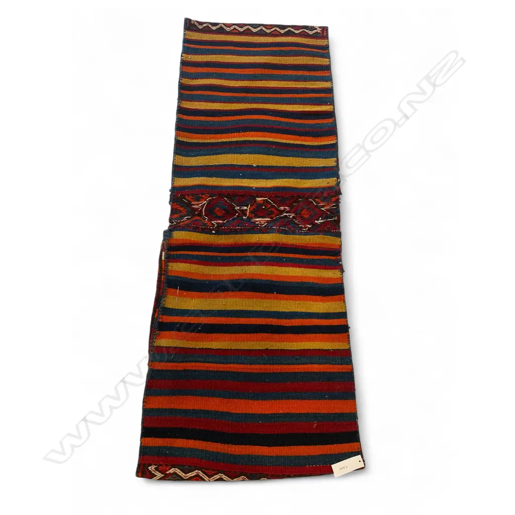 Wool flatweave saddle bag, two part, diamond motif on red, orange, brown, cream ground, 155 x 555mm Image 1++