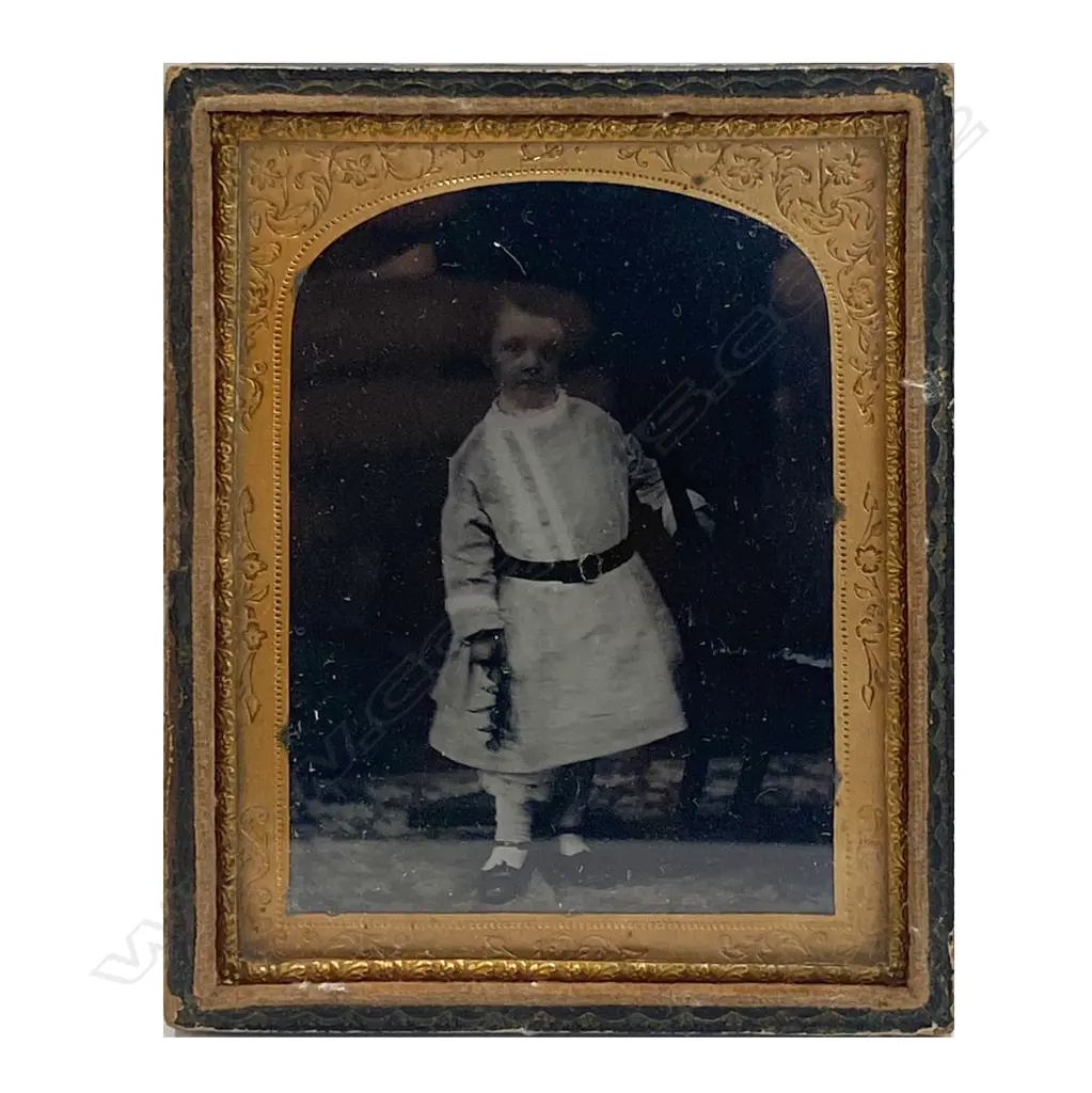 Gilt framed and leather cased ambrotype of standing child with gilt buckle, 120 x 95mm, (cover missing) Image 1++