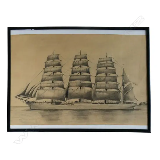Unidentified artist 'The barque Pamir' (under the Finnish flag), NZ, c.1940, 265 x 411mm, conté crayon on paper, 265 x 4