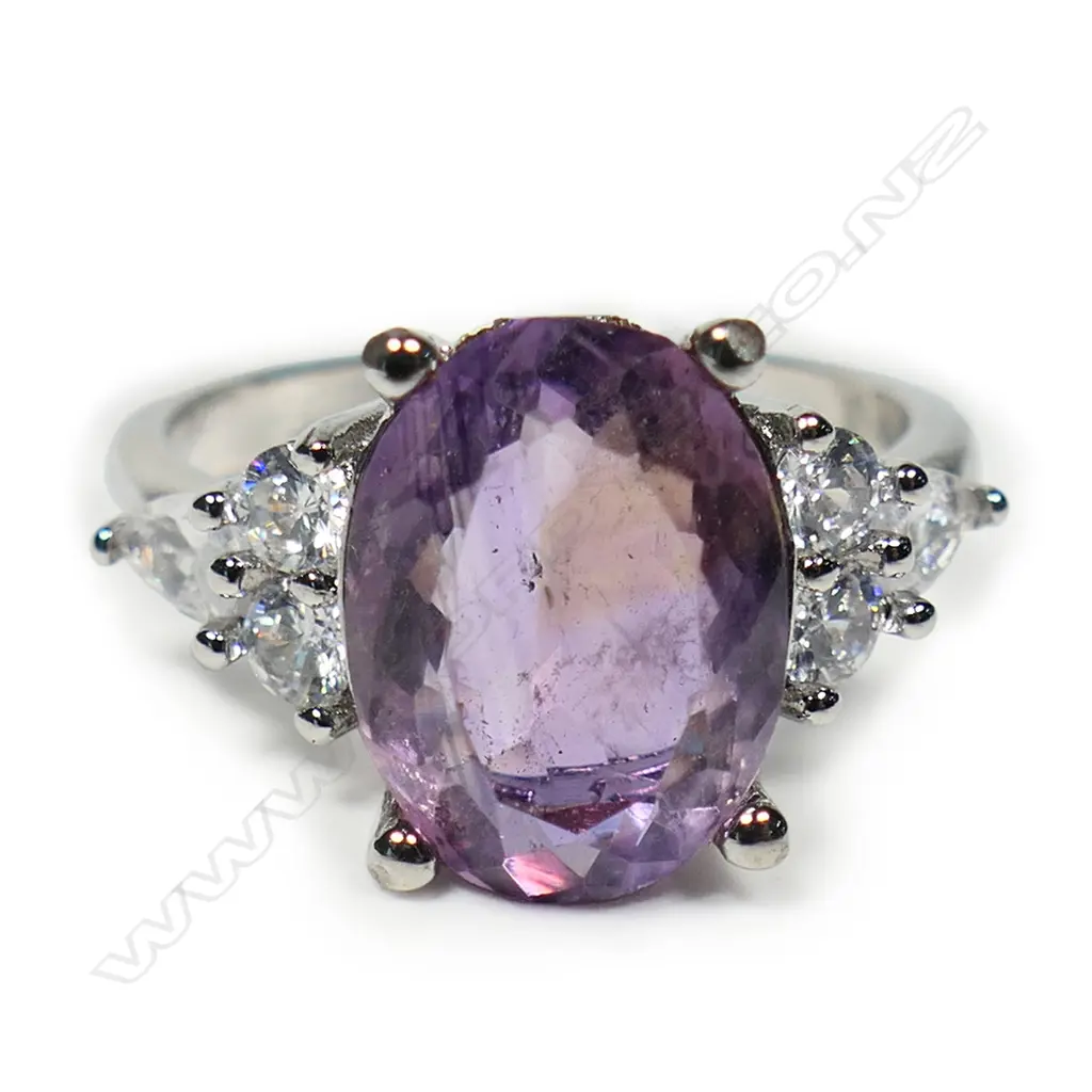 AMETHYST & CZ DRESS RING SILVER PLATED AIG REPORT SIZE Q Image 1++