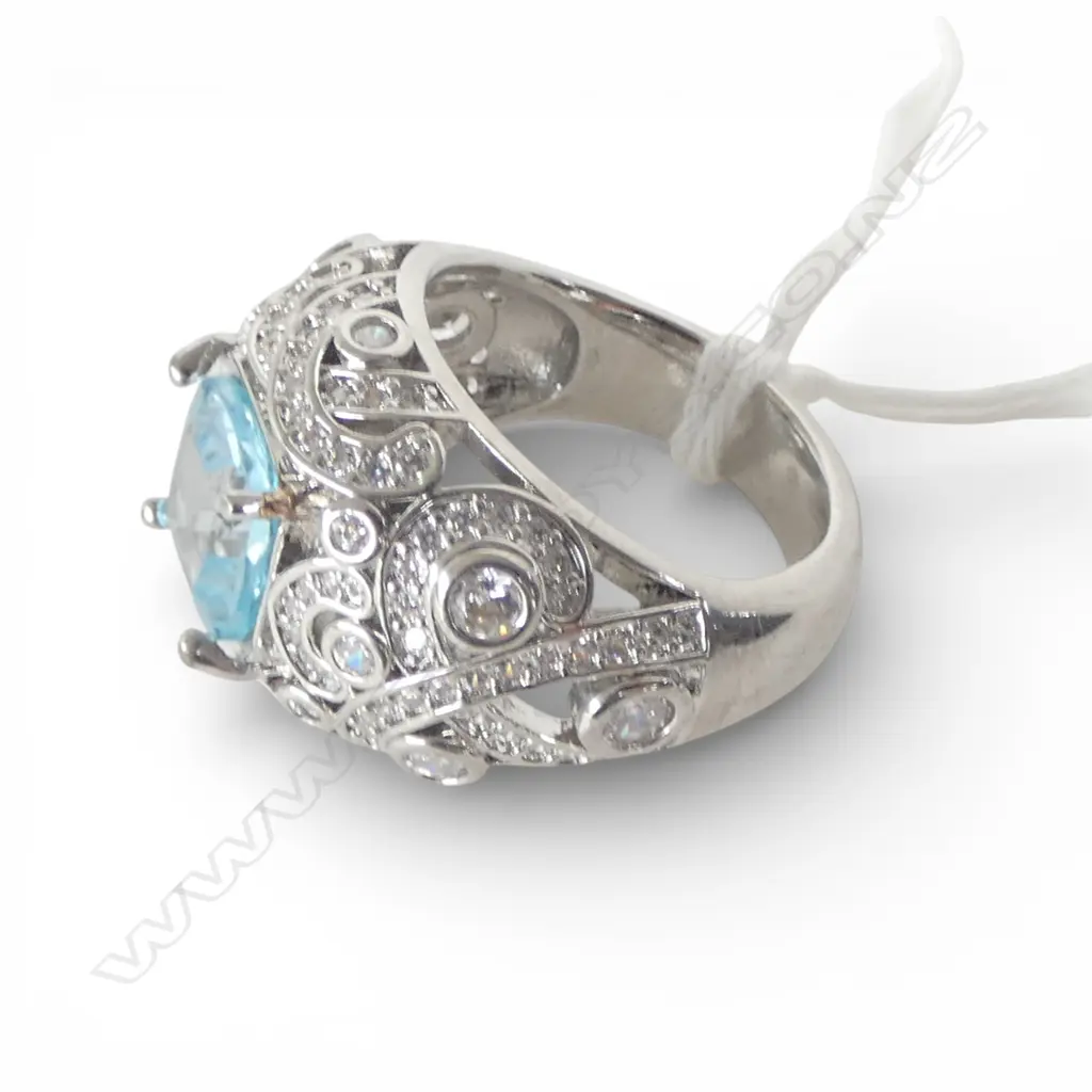BLUE TOPAZ & CZ COCKTAIL RING, SILVER PLATED, AIG REPORT SIZE Q Image 1++