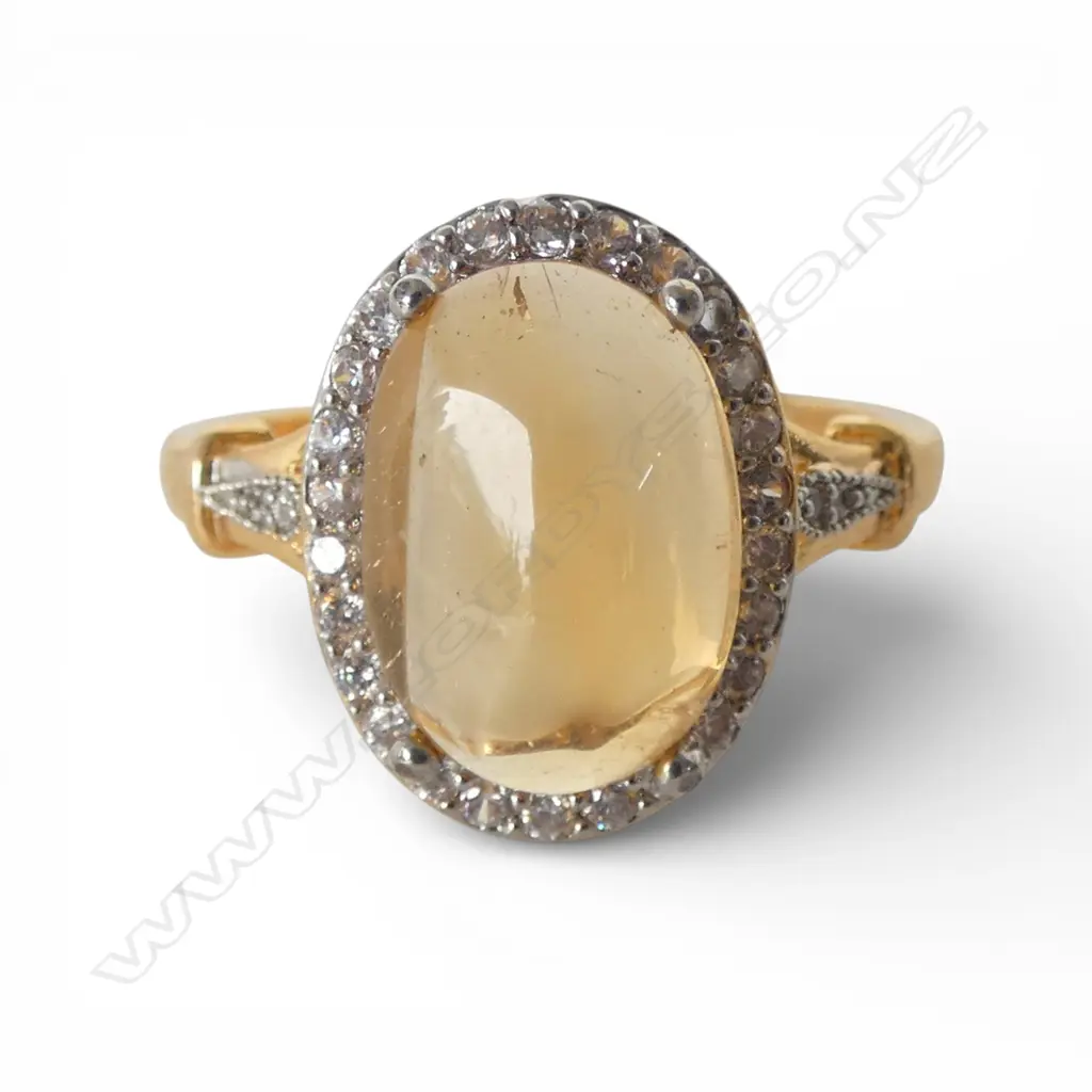 GOLDEN CITRINE & CZ DRESS RING, GILT FINISH, AIG REPORT size P1/2 Image 1++