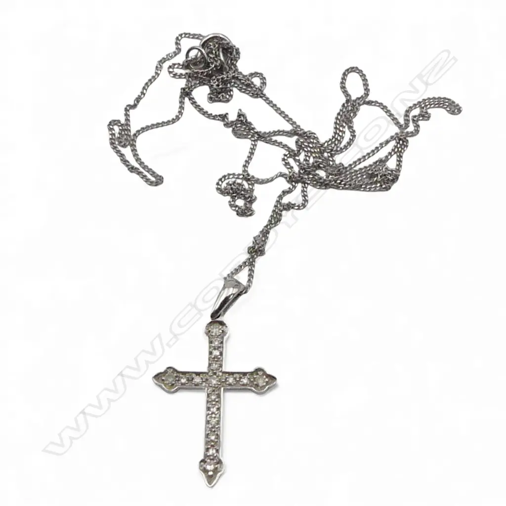 9CT WG & DIAMOND CROSS PENDANT NECKLACE 1.7gms Image 1++