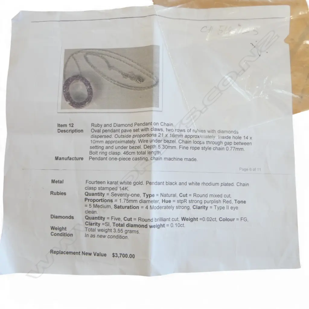 14ct WHT GOLD RUBY & DIAMOND PENDANT on 14ct FINE CHAIN, 3.55gm, valuation Image 1++