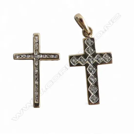 2 9CT GOLD & DIAMOND CROSS PENDANTS, 1.9gms