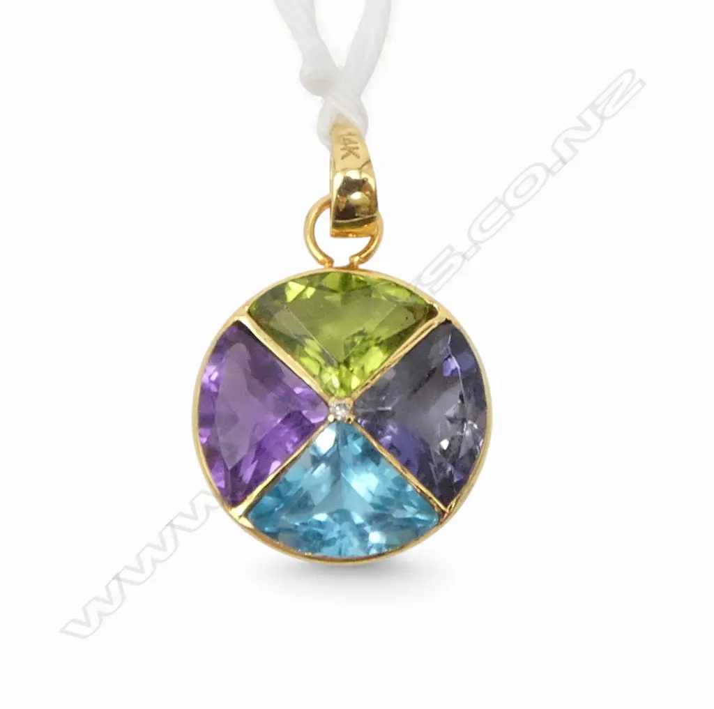 14ct GOLD PENDANT w PERIDOT, BLUE TOPAZ, AMETHYST & KYANITE GEMSTONES Image 1++