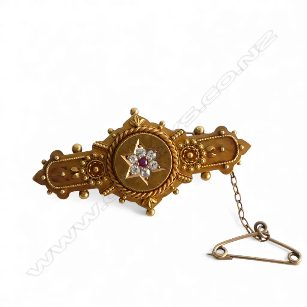 15CT BAR BROOCH w diamonds & ruby W.45mm. Chester 1894 glazed back panel. 6.5gms Image 1++