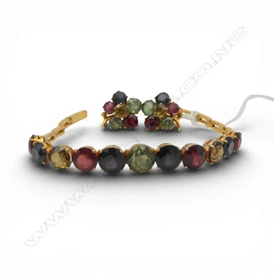 14CT GOLD AND COLOURED SPINELS BRACELET AND EARRINGS SET 20gms