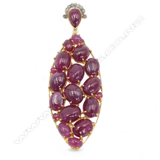 ANTIQUE STYLE SILVER GILT PENDANT ROSE CUT DIAMONDS AND CABOCHON RUBIES