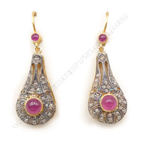 ANTIQUE STYLE PAIR OF SILVER GILT EARRINGS ROSE CUT DIAMONDS (0.80ct) RUBIES (0.60CT)