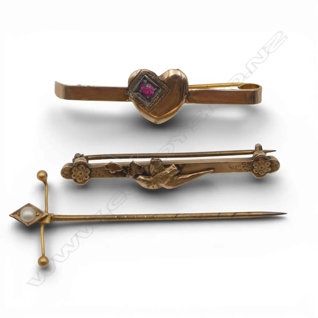 3 PCES 9CT JEWELLERY; 2 BAR BROOCHES & PIN 4.8gms Image 1++