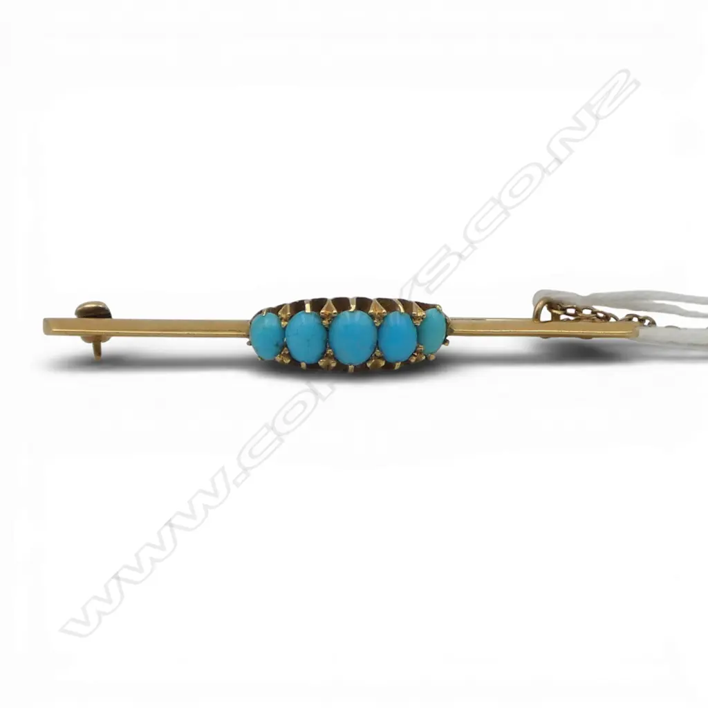 9CT TURQUOISE BAR BROOCH W.50mm 5.1gms Image 1++
