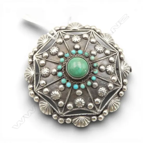 LARGE vintage 800 SILVER & TURQUOISE BROOCH Dia.60mm. Marked 800 & 84i