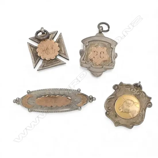 3 STG SILVER & GOLD FOB MEDALLIONS + BROOCH 24gms