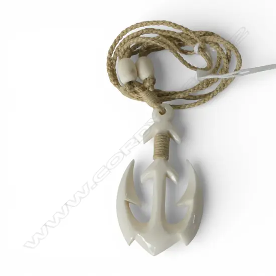 CARVED BONE ANCHOR PENDANT on chord w bone fastenings