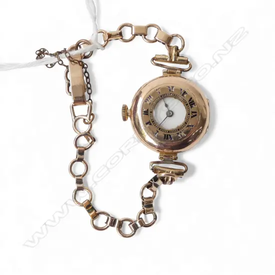 9CT ROSE GOLD ANTIQUE LADIES WRIST WATCH GOLD STRAP 17gms (including movement)