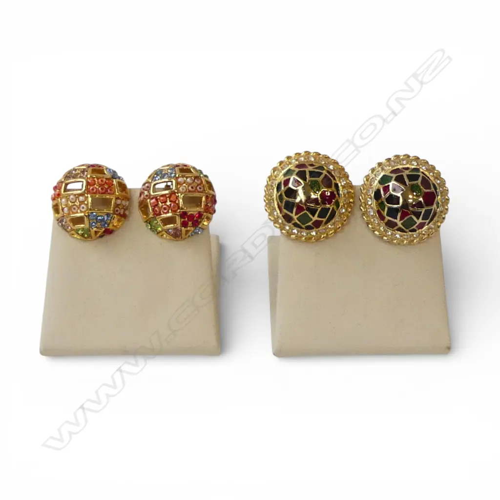 2 PAIRS OF DESIGNER GOLD PLATED/ENAMEL & STONE SET CLIP ON EARRINGS Image 1++