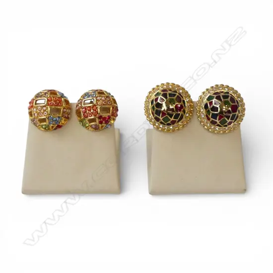 2 PAIRS OF DESIGNER GOLD PLATED/ENAMEL & STONE SET CLIP ON EARRINGS