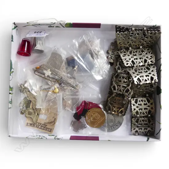 BAG SMALL COLLECTABLES: medallions + belt + pins + enamelled Hamner Springs badge + thimbles etc