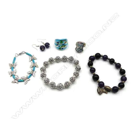 AMETHYST BRACELET & EARRING SET + 2 BRACELETS & 2 RINGS