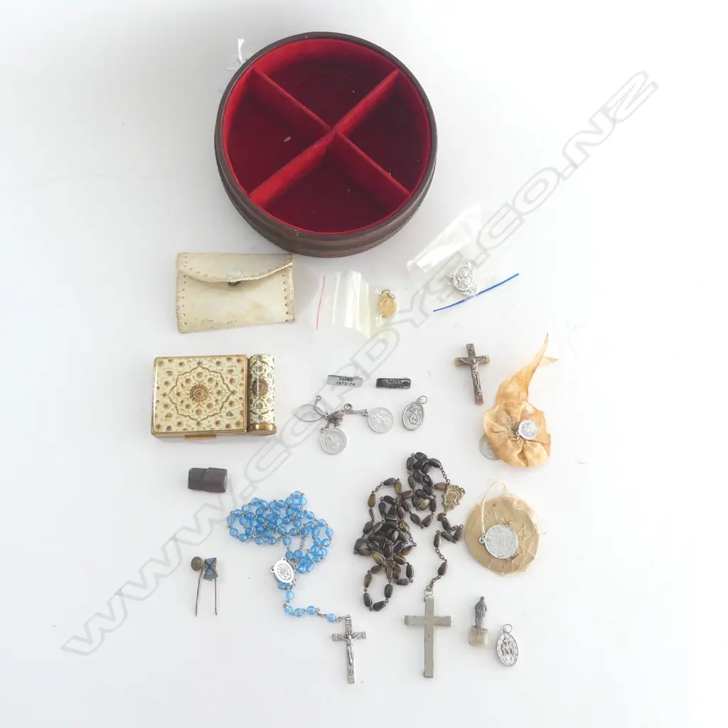 ASST. ROSARY BEADS, SAINT PENDANTS, etc IN JEWELLERY BOX Image 1++